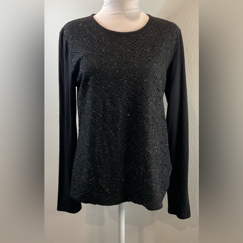 Jones New York Signature Black Textured Long Sleeve Top